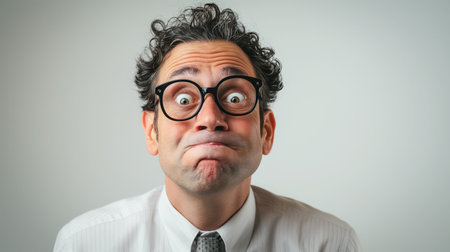 A quirky portrait of a man with exaggerated facial expressions and large round glasses, giving a humorous and playful vibe.の素材