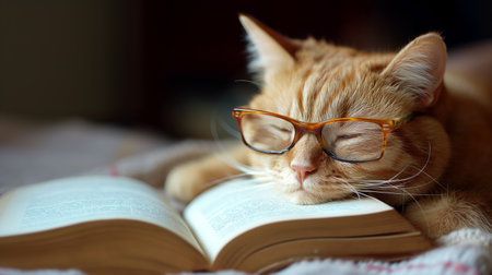 A charming ginger cat wearing glasses, peacefully asleep on an open book, creating a whimsical and adorable scene.の素材