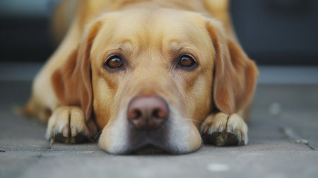 A close-up of a golden retriever lying on the pavement, its soulful eyes conveying a sense of melancholy and patience.の素材
