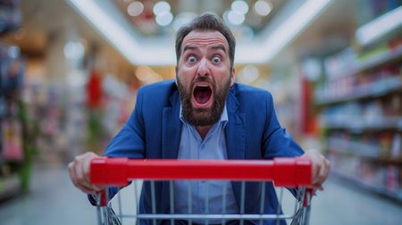 An amusing image capturing the surprised expression of a man in a suit as he pushes a shopping cart down a supermarket aisle.の素材