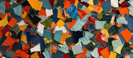 A collage showcasing an assortment of colorful fabric scraps, creating a textured mosaic that is a feast for the senses and a patchwork of creativity.の素材