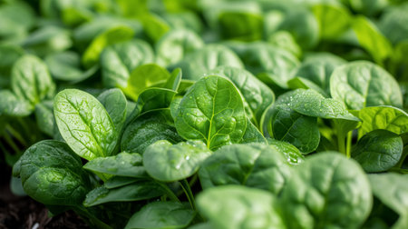 A bed of fresh, vibrant green spinach leaves, dotted with glistening droplets of morning dew, symbolizing growth and natural vitality.の素材