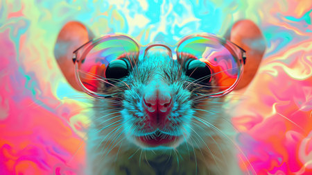 A whimsical portrayal of a rat donning oversized sunglasses, set against a backdrop of swirling, psychedelic colors.の素材