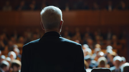 An elderly man stands with his back to the camera, facing a blurred audience in a grand auditorium, ready to speak.の素材