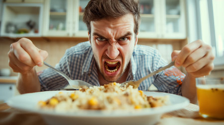 A close-up of a man with an intense, frustrated expression as he aggressively digs into his meal with forks.の素材