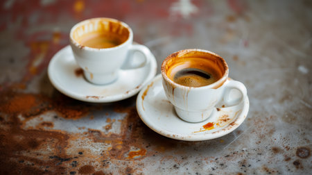 Two white espresso cups sit on a rusted metal surface, with coffee stains splattered around them, evoking a rustic and casual atmosphere.の素材