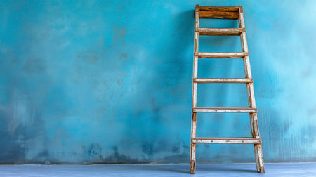 A rustic wooden ladder rests against a textured blue wall, portraying simplicity and potential for ascent in a serene setting.の素材