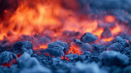 Close-up of a fire's aftermath, with glowing embers and gray ash against a dark backdrop, the last breath of a once-blazing warmth.の素材