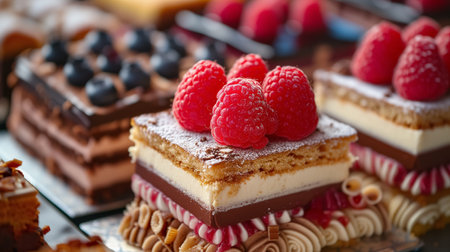 A close-up view of a decadent layered dessert with sponge, cream, and chocolate, garnished with plump raspberries and dusted with powdered sugar.の素材