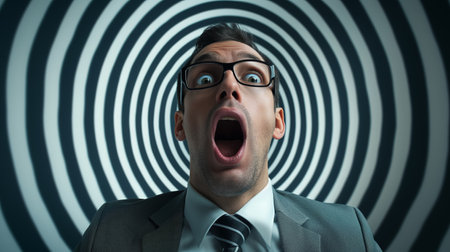 A man in a gray suit and tie stands with a shocked expression, mouth agape, against a swirling black and white hypnotic backgrounの素材