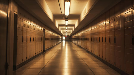 A long and empty hallway with a symmetrical perspective of rows of lockers on both sides, illuminated by a warm, ambient light.の素材