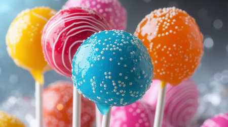 A vibrant close-up of assorted colorful cake pops coated with sprinkles, offering a festive and delicious treat for any sweet tooth.の素材