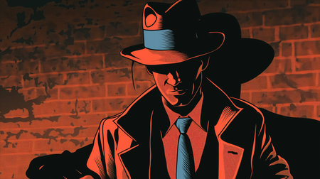Stylized graphic of a noir detective in shadow, with a red and black color scheme against a textured brick wall.の素材
