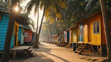 Vibrant beach huts line the sandy shore, flanked by tall palm trees, as the early morning sun casts a soft light over the tranquil scene.の素材