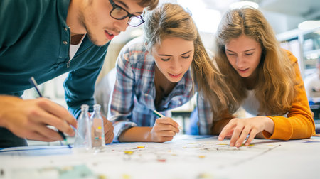 Three students huddle closely over a map strewn with markers and notes, indicating a deep engagement in a collaborative educational task.の素材
