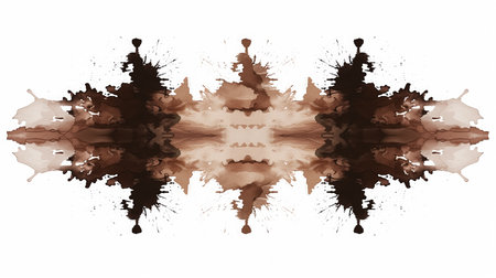 An abstract, symmetrical brown inkblot pattern on a white background, inviting interpretation in a psychological or artistic context.の素材