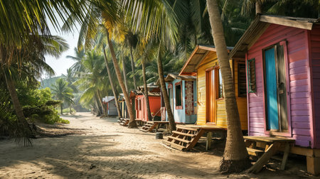 Vividly painted beach huts in shades of pink, orange, and blue stand along a sandy path lined with tropical palm trees.の素材