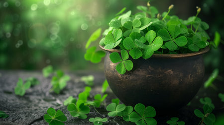A rustic pot overflows with fresh green clover leaves, set against a verdant, dew-kissed forest background, evoking growth.の素材