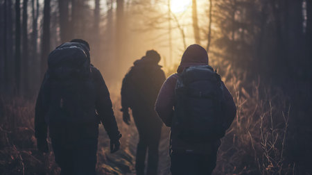 Silhouettes of hikers with backpacks walking through a misty forest trail, with the first light of dawn creating a serene atmosphere.の素材
