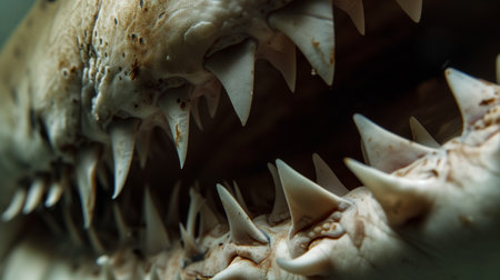 A close-up shot capturing the terrifying detail of a shark's open mouth, showing rows of sharp teeth ready to strike.の素材