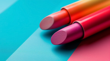 A sleek image of three lipsticks with a matte finish in pastel shades, arranged diagonally on a gradient blue and pink backdrop.の素材