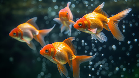 A group of bright orange goldfish elegantly swim among bubbles in clear water, their fins gracefully spread.の素材