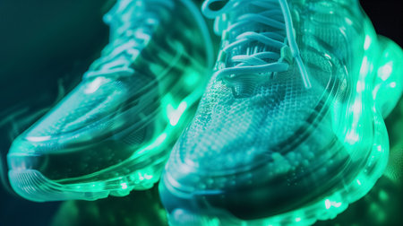 Modern sneakers emit a vibrant green glow from their soles, casting light in a darkened environment, showcasing trendy footwear.の素材