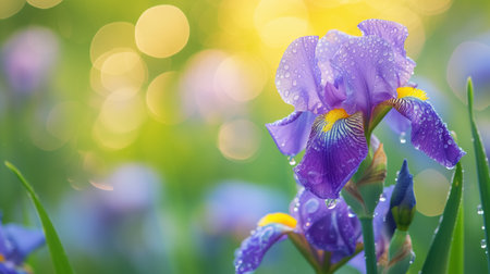 A delicate iris flower covered in dew drops, bathed in the golden glow of the soft morning sunlight.の素材