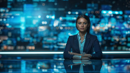 A professional woman in a business suit sits confidently at a news desk with a striking nighttime cityscape backdrop.の素材