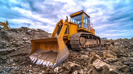 A powerful yellow bulldozer stands at the forefront of a construction site, set against a dramatic and cloudy sky.の素材