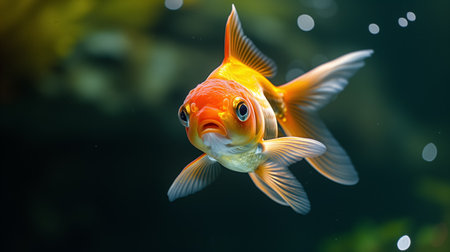 An orange goldfish with flowing fins and a surprised expression swims elegantly in the clear water.の素材