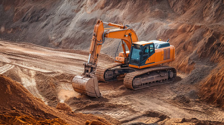 A powerful orange excavator operates amidst a vast expanse of dirt at a construction site, against a backdrop of a cloudy sky.の素材