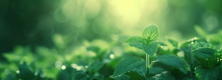 Fresh mint leaves bask in the radiant sunlight, highlighting the vivid green hues and delicate veined textures of the thriving plant.の素材