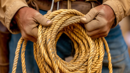 Strong, weathered hands of a worker show expertise in coiling a thick, tan rope, capturing the essence of manual labor and skill.の素材