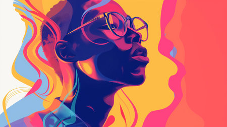Side profile of a person with glasses, overlaid with vibrant abstract waves of color, creating a modern artistic effect.の素材
