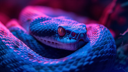 A close-up of a snake with its scales bathed in a dramatic blue and red light, highlighting its texture and form.の素材