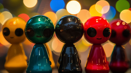 A row of colorful glossy figurines with oversized heads, displayed against a backdrop of bokeh lights.の素材