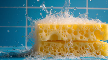 Two vibrant yellow sponges with bubbles and splash are captured mid-air against a blue-tiled background.の素材