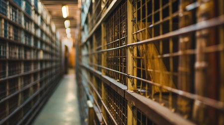 A perspective view of a long library aisle bordered by tall metal bookshelves filled with numerous books, with warm lighting above.の素材