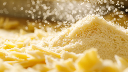 Golden gratified cheese showers over fresh pasta, captured with a dynamic sprinkle effect that highlights the texture and allure of Italian cooking.の素材