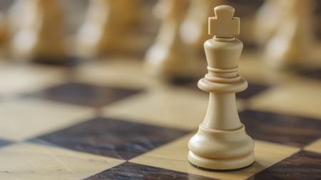 A single ivory king chess piece stands on a checkered wooden board, highlighted against a backdrop of soft-focused pawns.の素材