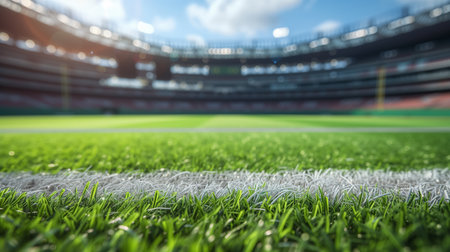 A close ground-level view of lush green soccer field lines with a large, sunlit stadium looming in the soft-focused background.の素材