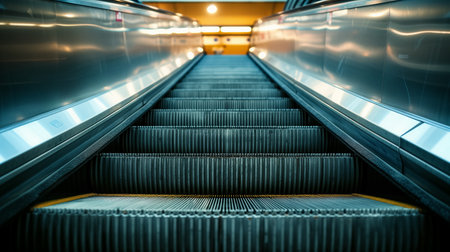 Metallic escalator steps lead upwards, flanked by sleek, reflective surfaces under a bright, modern lighting.の素材