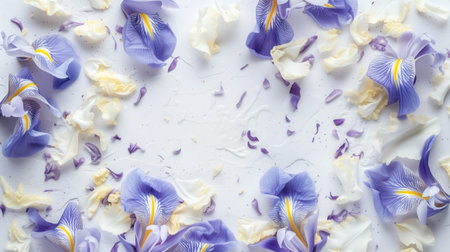 An artistic composition of scattered blue and white iris petals, gracefully arranged on a pure white background, creating a sense of delicate beauty.の素材