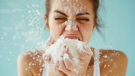 A woman closes her eyes and laughs as she playfully blows flour into the air, creating a dynamic and messy explosion against a blue background.の素材