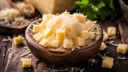 A wooden bowl overflowing with freshly grated cheese on a rustic kitchen table setting.の素材
