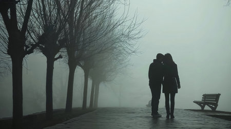 An evocative scene of a couple embracing on a foggy, tree-lined path, exuding mystery and romance.の素材