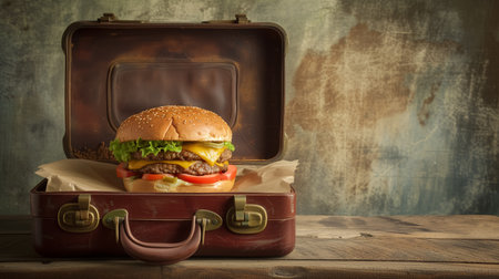 A classic, rustic suitcase opens to reveal a tantalizing hamburger, creatively presented as if on a journey.の素材