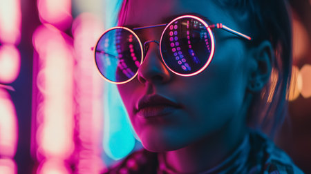 A woman's face partly obscured by circular glasses reflecting a tapestry of neon lights in a futuristic setting.の素材