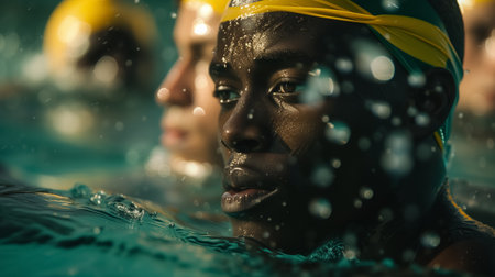 A close-up of a swimmer's face emerging from water, with reflections and bubbles, captured in a serene swimming pool setting.の素材